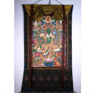 Vintage Green Tara Thangka Mounted with Old Hand Woven Khadi Silk Brocade with 21 Taras