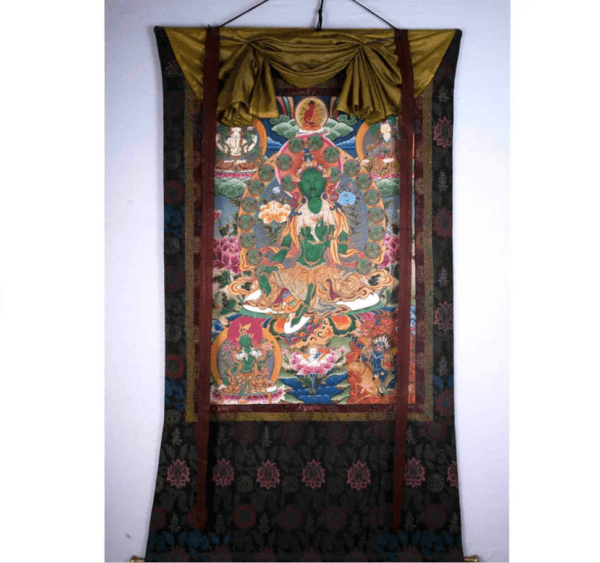 Vintage Green Tara Thangka Mounted with Old Hand Woven Khadi Silk Brocade with 21 Taras