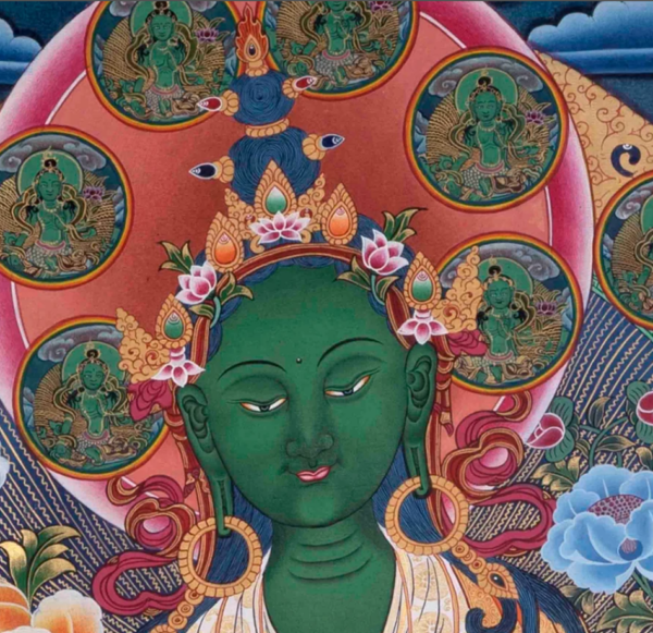 Vintage Green Tara Thangka Mounted with Old Hand Woven Khadi Silk Brocade with 21 Taras