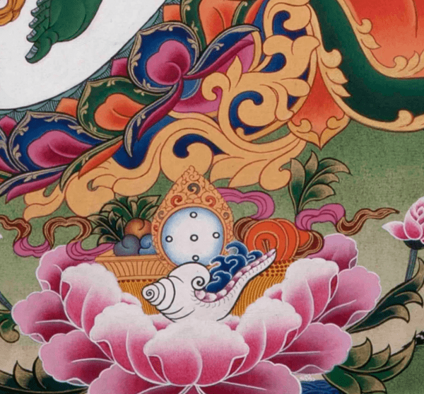 Vintage Green Tara Thangka Mounted with Old Hand Woven Khadi Silk Brocade with 21 Taras