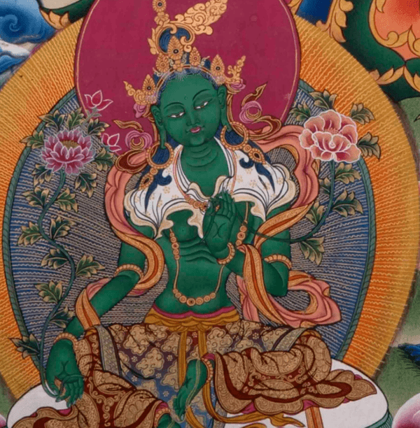 Vintage Green Tara Thangka Mounted with Old Hand Woven Khadi Silk Brocade with 21 Taras